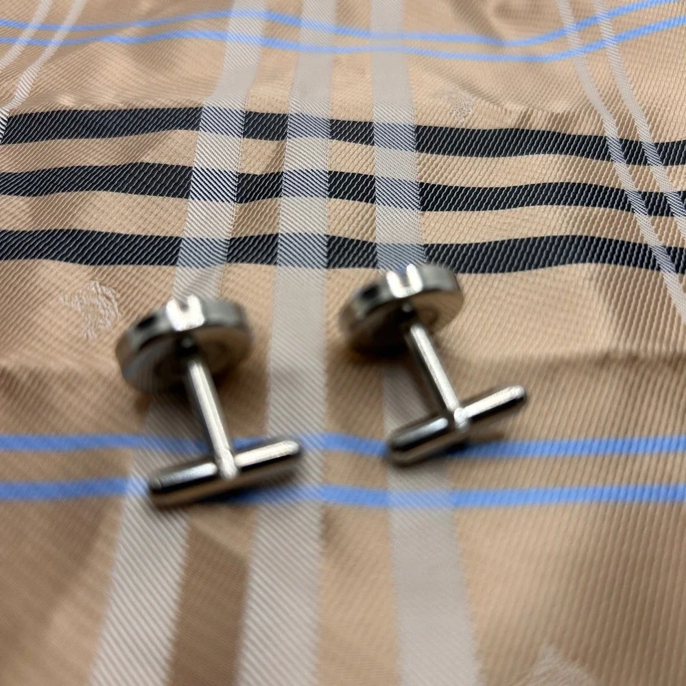 Mens Silvertone Cuff links‎ Tan Blue Striped Fabric